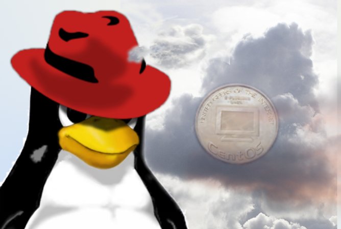 Tux with Shadowman's hat has stormy thoughts of centOS penny